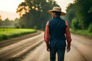 un hombre en un vaquero sombrero caminando abajo un suciedad la carretera. generado por ai foto