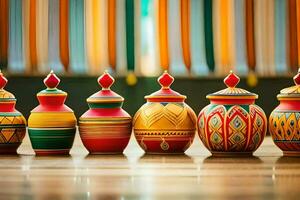 colorful pots on a wooden table. AI-Generated photo