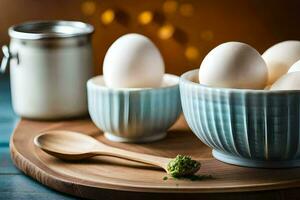 eggs in bowls on a cutting board. AI-Generated photo