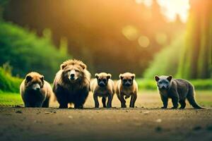 un grupo de animales en pie en un campo. generado por ai foto