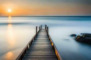 a wooden pier stretches out into the ocean at sunset. AI-Generated photo