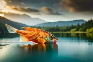 a fish is floating on the water in front of a mountain. AI-Generated photo