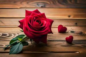 a single red rose on a wooden table. AI-Generated photo