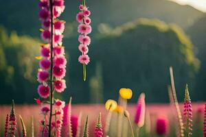 rosado flores en un campo con arboles en el antecedentes. generado por ai foto