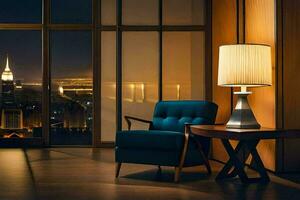 a chair and lamp in front of a window with a view of the city. AI-Generated photo