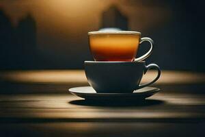 a cup of tea sits on top of a saucer. AI-Generated photo