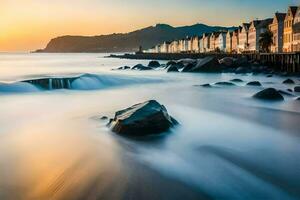 a long exposure photograph of a beach at sunset. AI-Generated photo