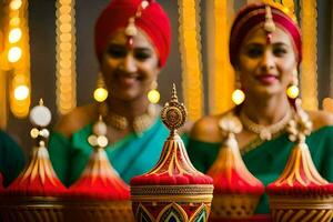 dos mujer en tradicional indio atuendo son participación arriba un decorado maceta. generado por ai foto