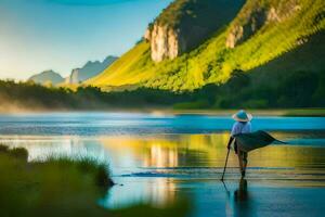 a man with a hat and a cane is walking across a lake. AI-Generated photo