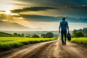 un hombre camina en un suciedad la carretera con un maleta. generado por ai foto