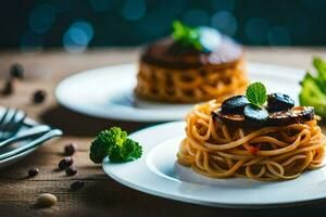 two plates with spaghetti and meat on them. AI-Generated photo
