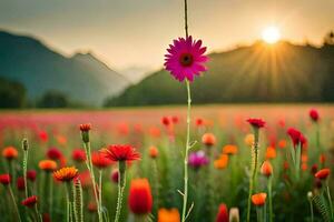 a field of flowers with the sun setting behind it. AI-Generated photo