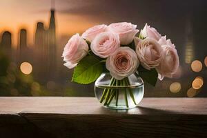 pink roses in a vase on a table with a city in the background. AI-Generated photo