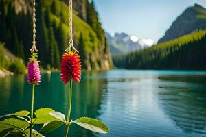 two flowers hanging from a rope near a lake. AI-Generated photo