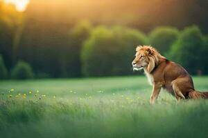 a lion is sitting in the middle of a field. AI-Generated photo