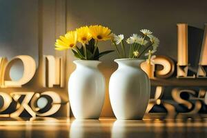 two vases with flowers sitting in front of letters. AI-Generated photo