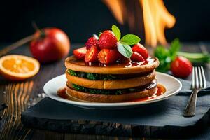 a stack of pancakes with strawberries and syrup on top. AI-Generated photo