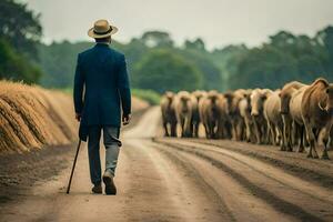 a man in a suit walks down a dirt road with cows. AI-Generated photo