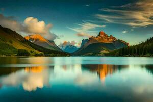 el montañas son reflejado en el agua a puesta de sol. generado por ai foto