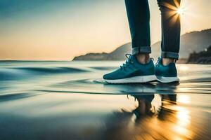 a person wearing blue sneakers standing on the beach at sunset. AI-Generated photo