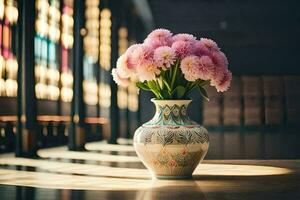 pink flowers in a vase on a wooden table. AI-Generated photo