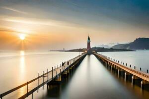 un largo exposición fotografía de un faro en un muelle. generado por ai foto