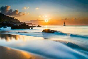 un puesta de sol terminado el Oceano con olas y rocas generado por ai foto