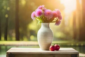 flowers in vase on table with cherry. AI-Generated photo