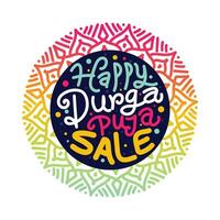 Happy Durga Puja sale template with colorful typography design for Indian traditional festival . Vector Hand drawn lettering template, poster, banner, greeting card with celebration elements.