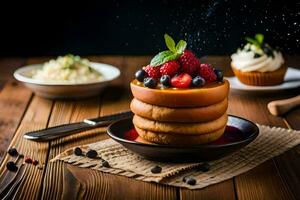 a stack of pancakes with berries and spices. AI-Generated photo