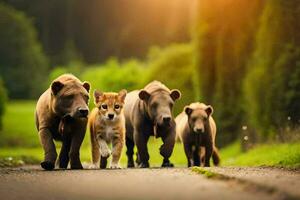 a group of brown bears walking down a road. AI-Generated photo