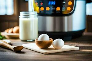 un instante maceta con huevos y Leche en un mesa. generado por ai foto