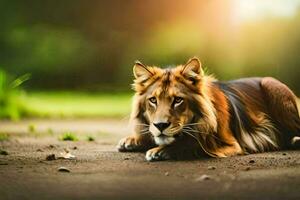 a lion laying on the ground in the sun. AI-Generated photo