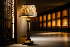a lamp is sitting on a floor in a dark room. AI-Generated photo