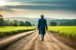 un hombre en un azul traje caminando abajo un suciedad la carretera. generado por ai foto