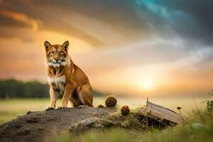 a lion sitting on a rock in the middle of a field. AI-Generated photo