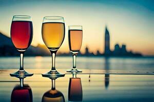 Tres lentes de vino son sentado en un mesa con un ciudad en el antecedentes. generado por ai foto