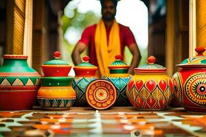 a man is standing in front of colorful pots and vases. AI-Generated photo