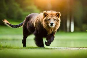 un león caminando a través de un herboso campo. generado por ai foto
