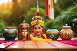 a woman in indian attire sits next to a table with pots and vases. AI-Generated photo