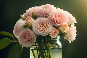 rosado rosas en un vaso florero en un mesa. generado por ai foto