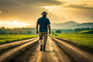 a man walking down a dirt road in the middle of a field. AI-Generated photo