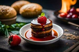 a stack of pancakes with strawberry sauce and berries. AI-Generated photo