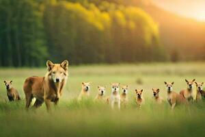 un grupo de perros en pie en un campo. generado por ai foto