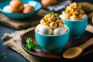 two cups filled with peanut butter and eggs. AI-Generated photo