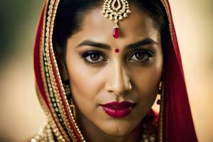 un indio mujer vistiendo un rojo sari y oro joyas. generado por ai foto