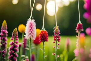 flowers hanging from strings in a field. AI-Generated photo