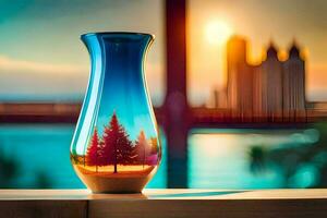 a vase with a tree in it sitting on a table. AI-Generated photo