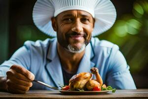 un cocinero en un cocinero sombrero es participación un plato con un pollo. generado por ai foto