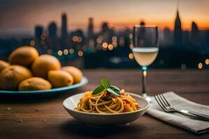 un plato de espaguetis con un vaso de vino y un ver de el ciudad. generado por ai foto